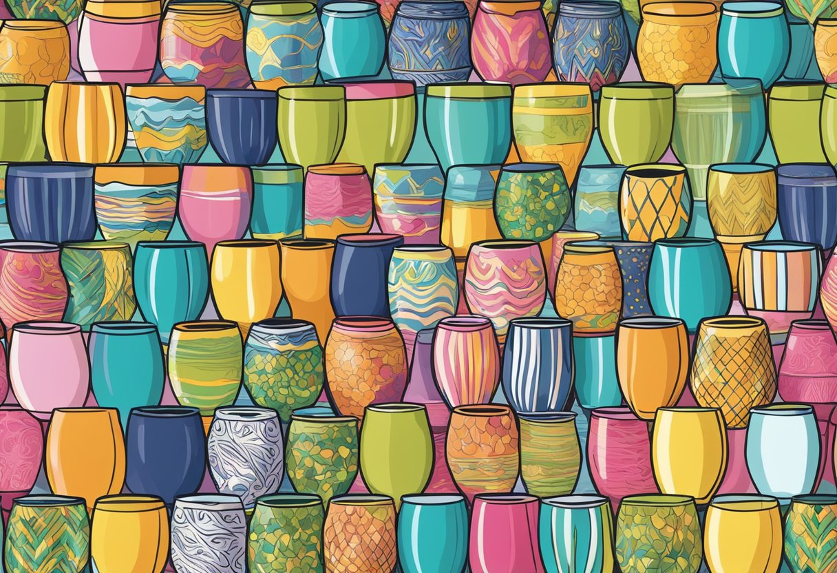 Colorful tumblers arranged in a circle, each adorned with unique and vibrant pictures, creating a visually appealing display
