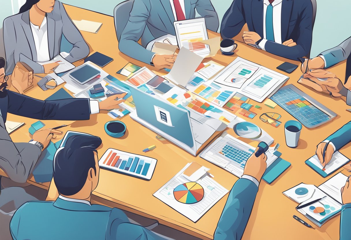 A table filled with branded corporate gifts, surrounded by executives discussing market statistics