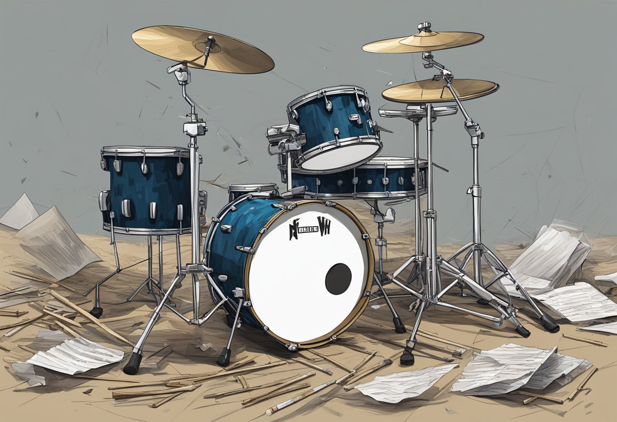 Meg White's abandoned drum set, surrounded by scattered sticks and a single, crumpled note