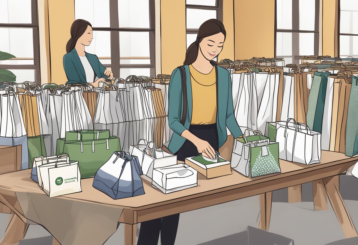 A table displays various eco bags, with a person selecting and customizing one for corporate gifting. Fabrics, designs, and logos are showcased