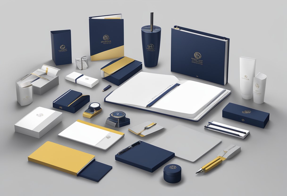 A table displays a variety of elegant corporate gift sets in a Singapore office. The sets include branded items such as pens, notebooks, and desk accessories