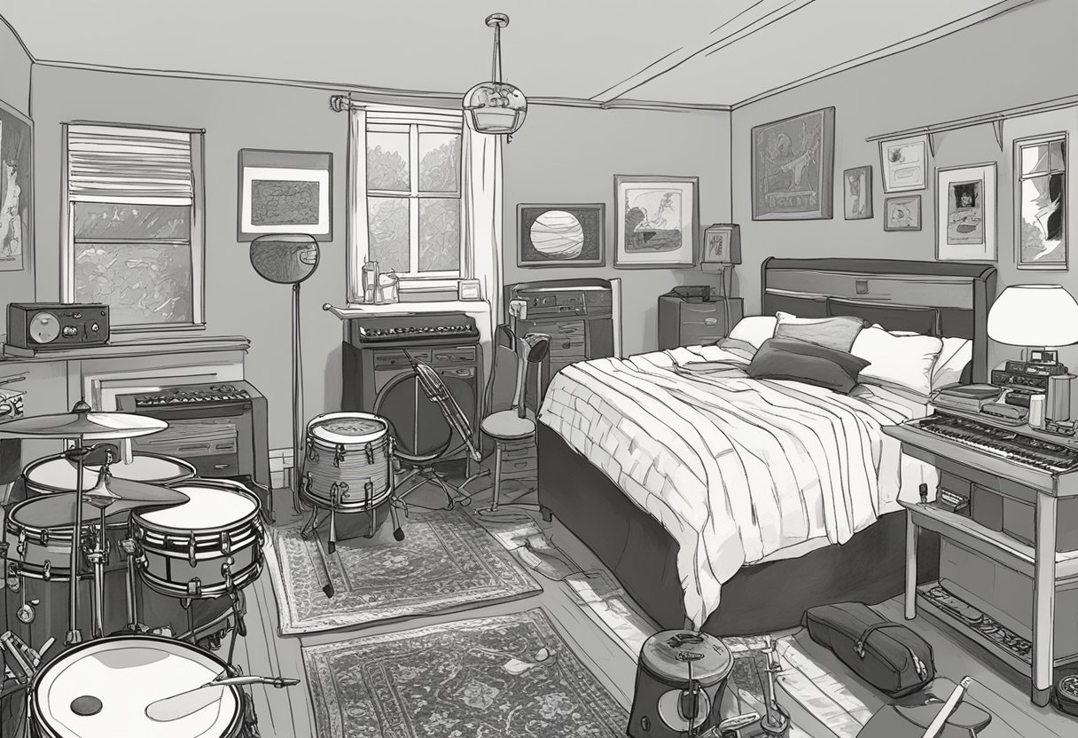 Meg White's early life and career can be depicted with a simple, cluttered bedroom. A drum set in the corner symbolizes her start in music