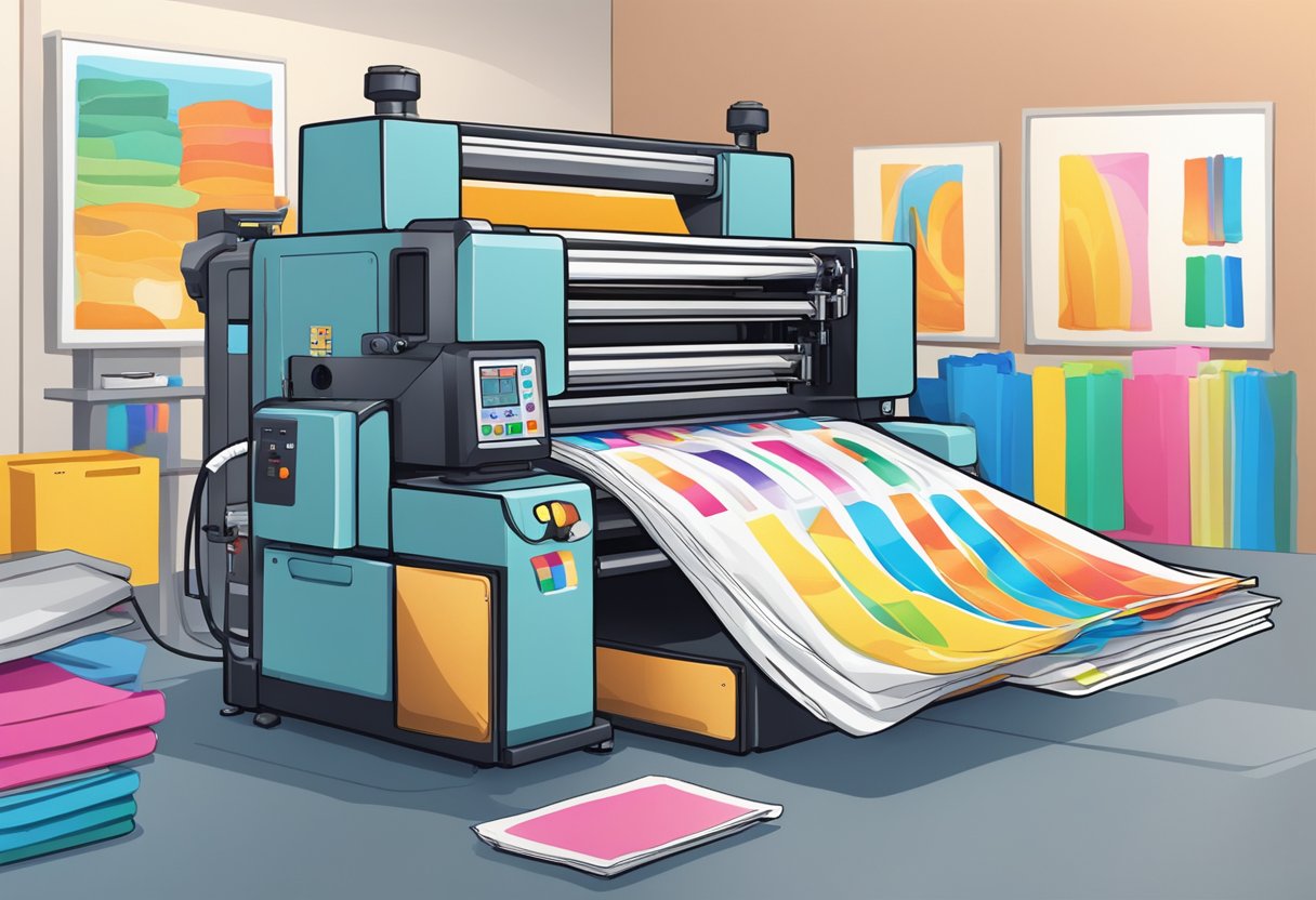 A totebag printing machine in action, with colorful designs being transferred onto the fabric. Ink cartridges and a stack of blank totebags nearby