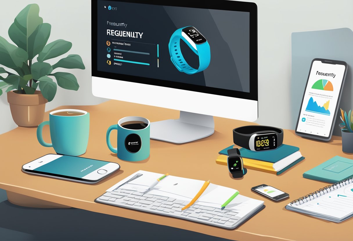 A fitness tracker displayed on a sleek corporate desk, surrounded by office supplies and a branded mug. A banner with "Frequently Asked Questions" hangs above