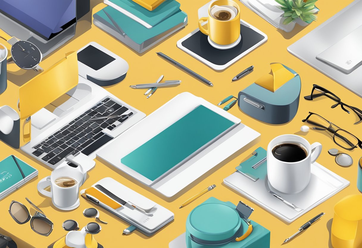 A table displays various novelty corporate gifts: branded mugs, tech gadgets, and quirky desk accessories