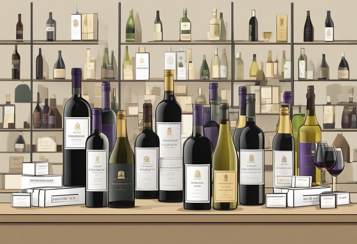 A table with various wine bottles, gift boxes, and corporate branding materials arranged neatly. A sign with "Frequently Asked Questions corporate wine gifts" is displayed prominently