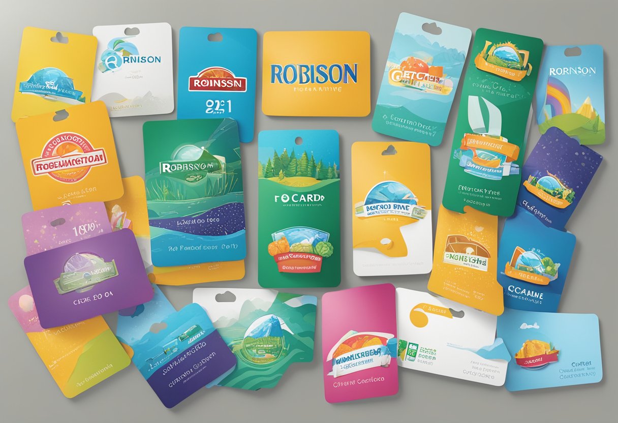 A display of various Robinson gift cards, showing different designs and customization options