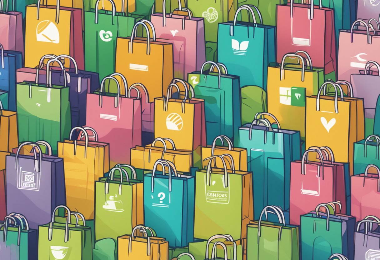 A stack of eco-friendly bags with "Frequently Asked Questions" printed on them, surrounded by various corporate gifts