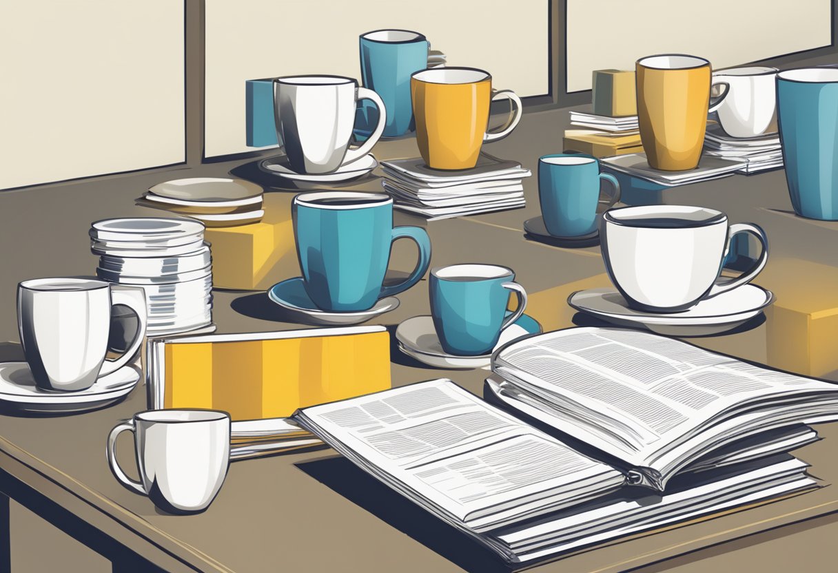 A table with various corporate gift mugs displayed, with a sign indicating "Frequently Asked Questions" and a stack of brochures nearby