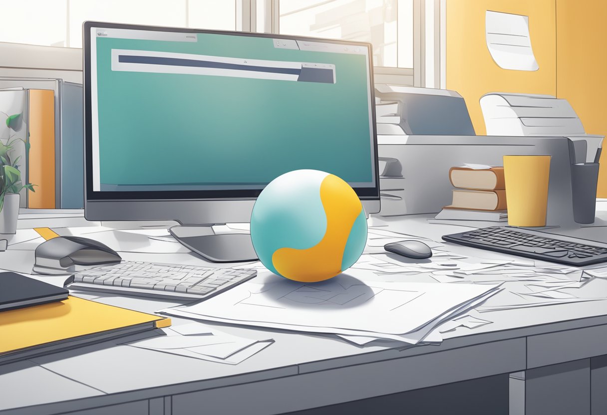 A stress ball with company logo sits on a desk amid scattered papers and a computer
