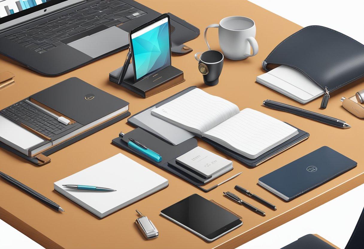 A sleek, modern desk adorned with luxury corporate gifts: a personalized leather notebook, a stylish pen set, and a sophisticated tech gadget