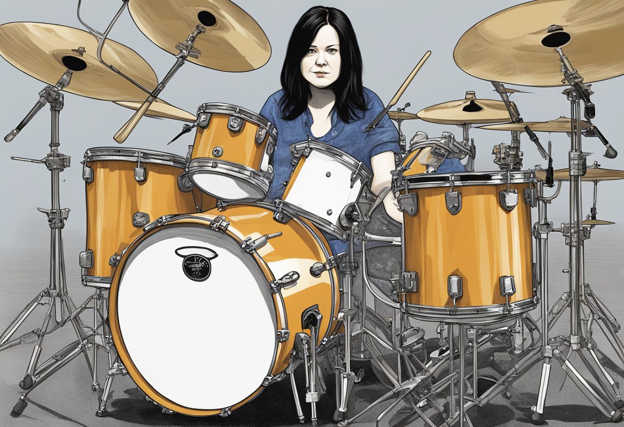 Meg White's drumsticks strike the kit, creating a powerful rhythm. Influential musical styles surround her, shaping her sound