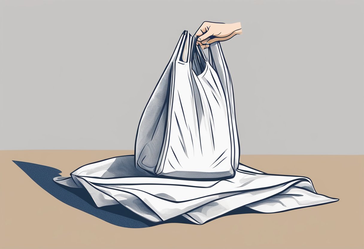 A hand reaches to fold a reusable shopping bag, its fabric crinkling as it collapses into a compact square