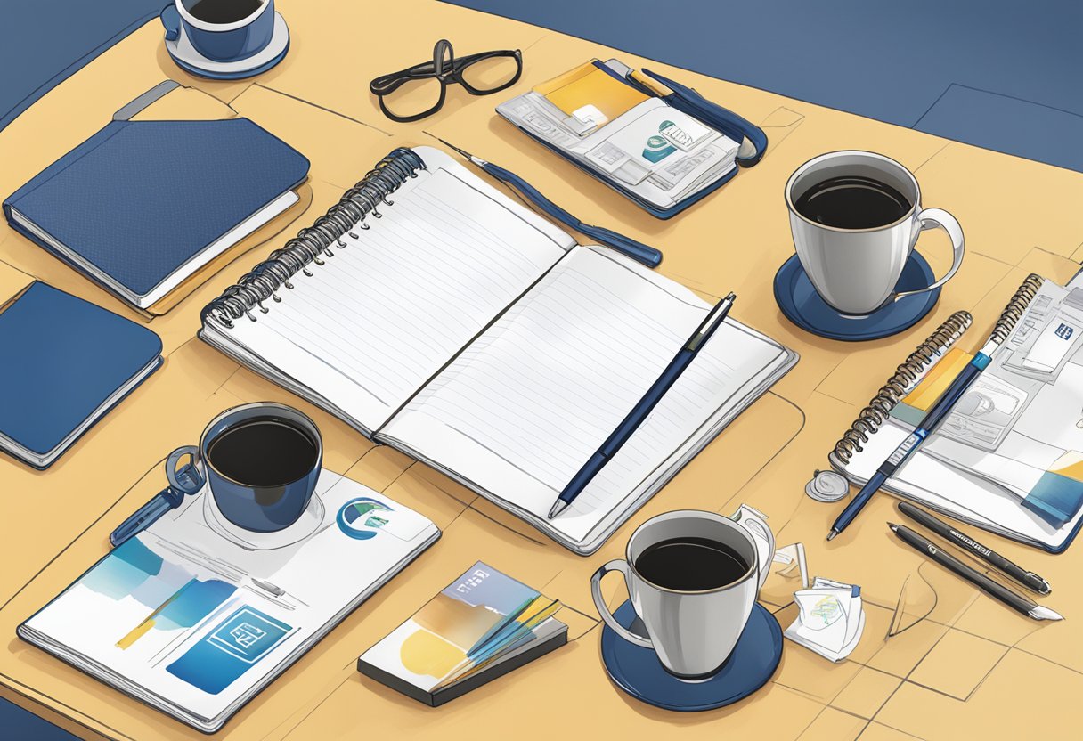 A table with branded merchandise, including mugs, pens, and notebooks, displayed in a professional setting with the company logo prominently featured