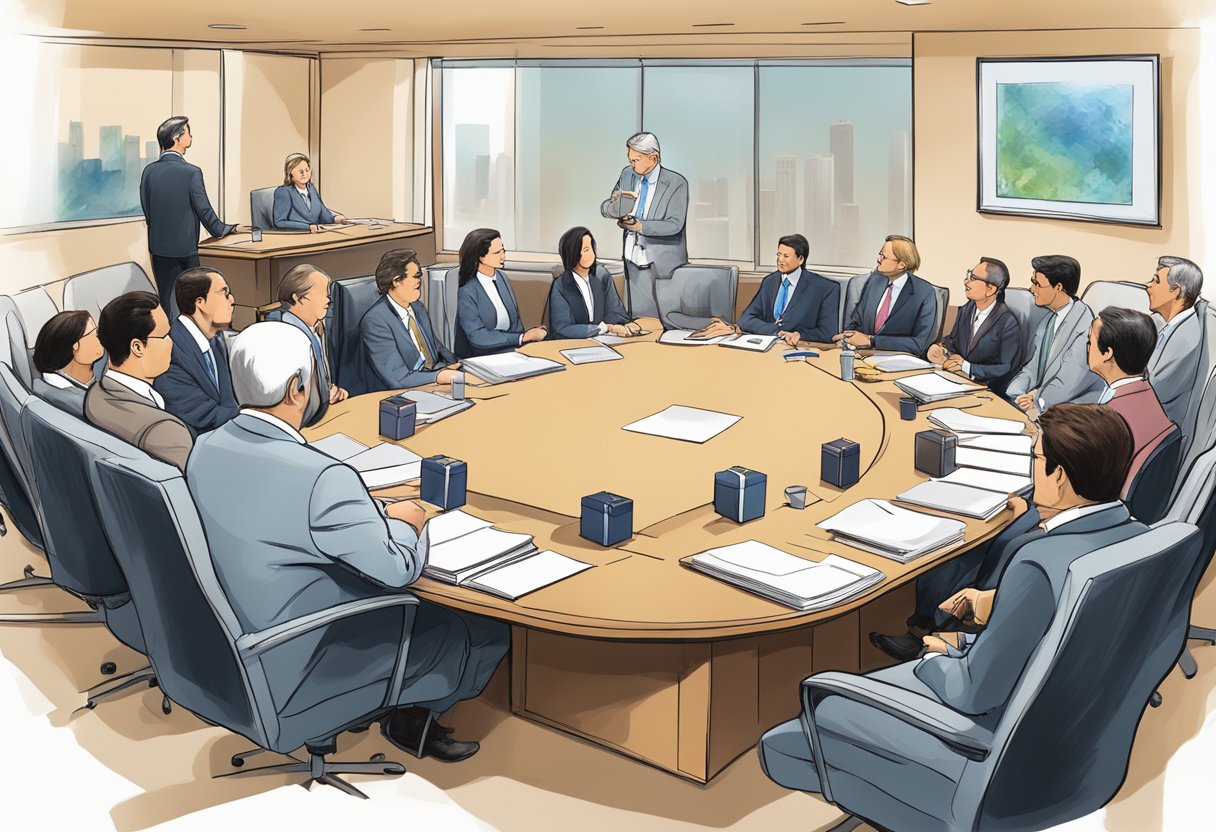 A conference room table adorned with branded gift sets, surrounded by executives in discussion