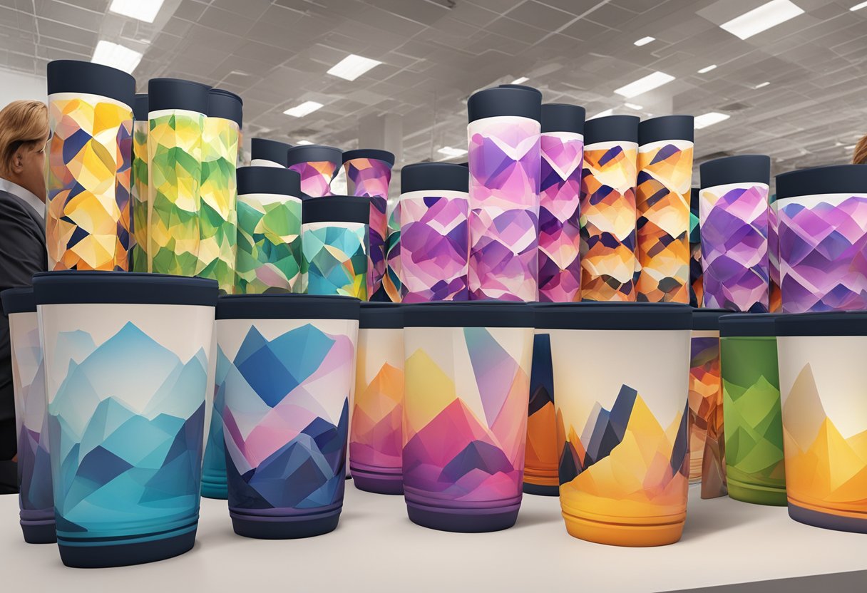 Colorful picture tumblers arranged on a display table with vibrant images printed on them. A customer admires the tumblers while a salesperson explains their features