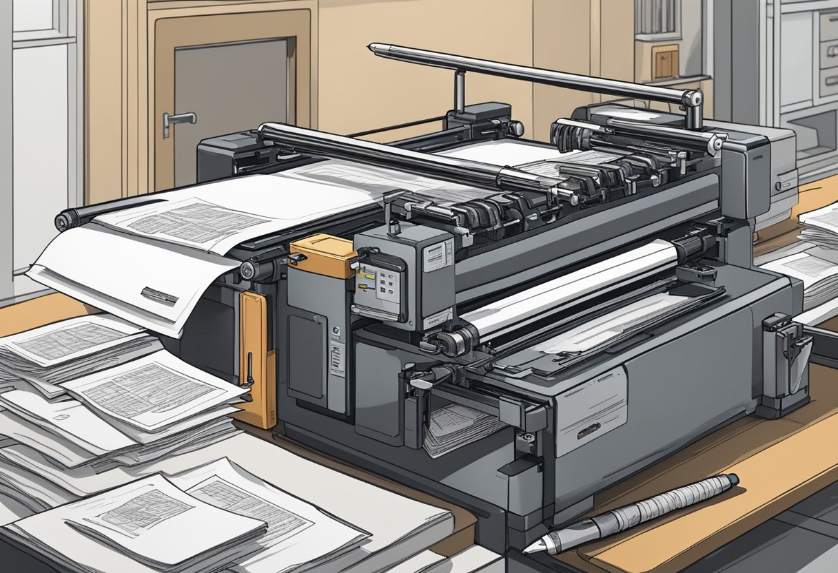 A pen printing machine in action, with a stack of papers nearby and the "Frequently Asked Questions" text being printed onto a pen