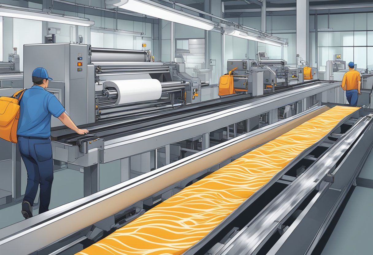 Tote bags move along a conveyor belt, passing through printing and production machines, with vibrant designs being applied to the fabric