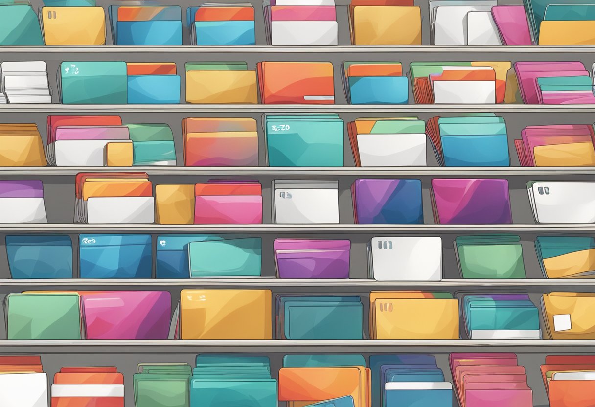 A pile of gift cards in bulk, neatly arranged on a shelf or display stand