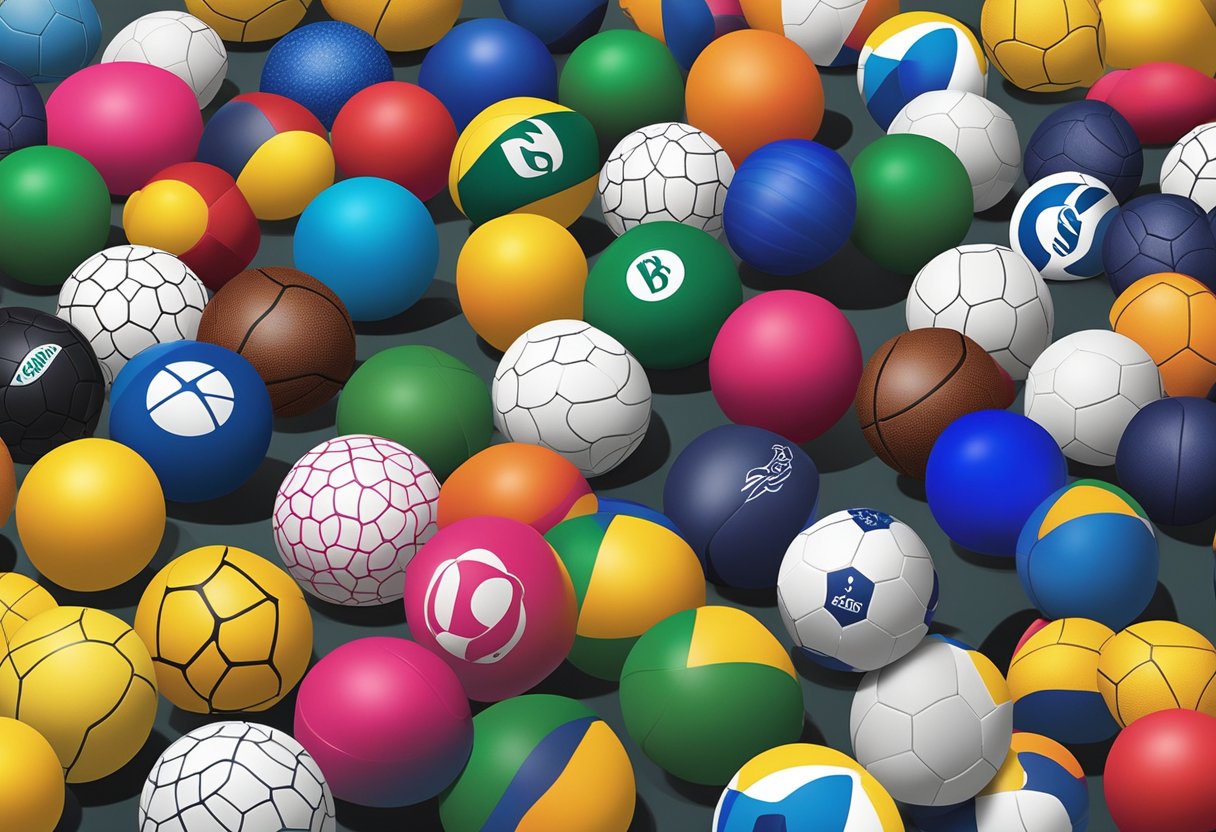 A variety of stress balls displayed on a table with company logos and different colors, sizes, and textures to choose from