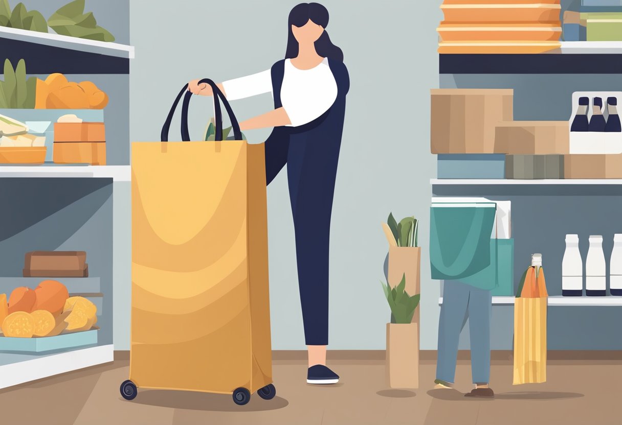 A person unfolds a compact shopping bag, revealing its durable material and spacious interior. The bag features sturdy handles and a secure closure, perfect for carrying groceries and other items