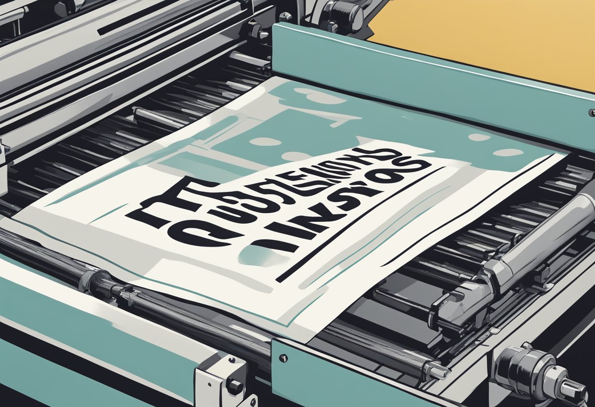 A tote bag being printed with "Frequently Asked Questions" text on a printing press