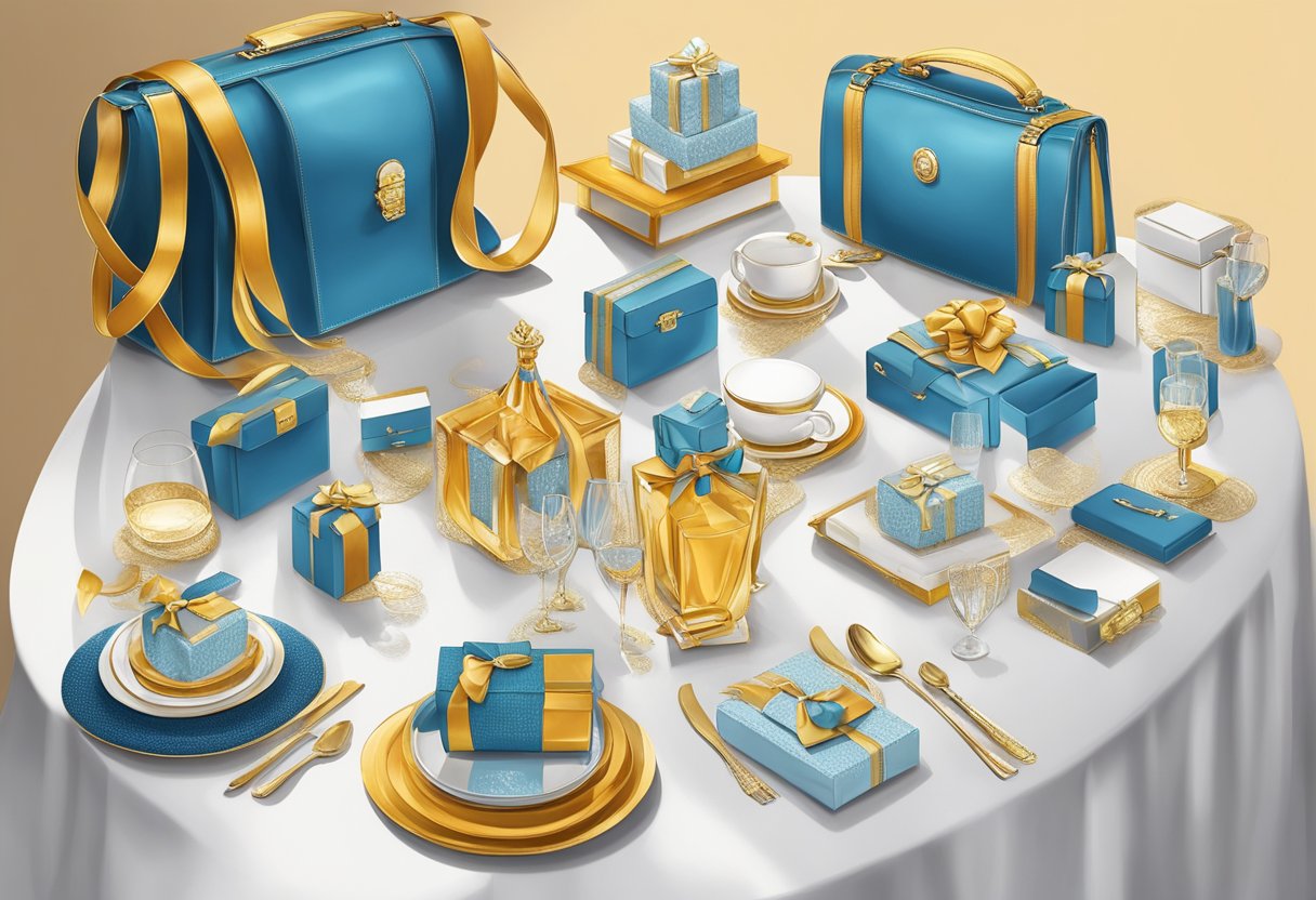 A table adorned with elegant, personalized corporate gifts. Each item is carefully crafted and exudes a sense of luxury and uniqueness