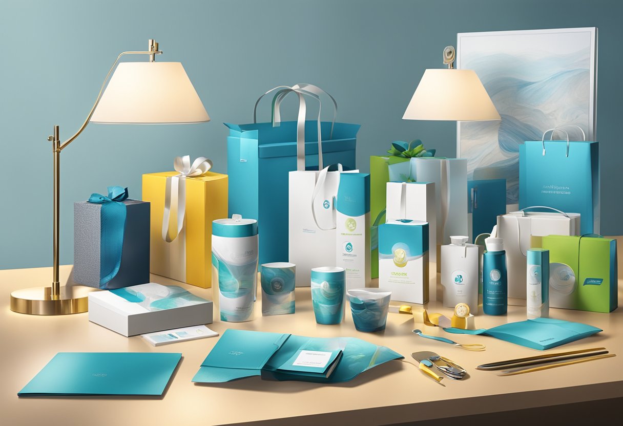 A table with various corporate gift sets displayed, including branded items and packaging. Bright lighting and a clean, professional setting