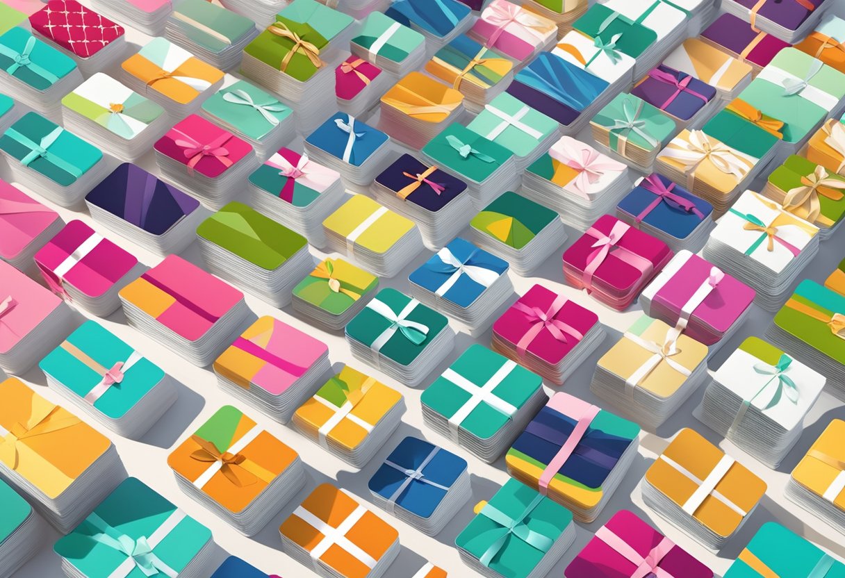 A stack of gift cards arranged neatly in rows, with a large quantity of cards in the background to convey the concept of bulk gift cards