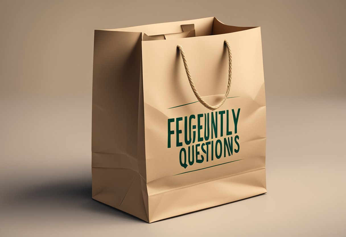 A paper bag with "Frequently Asked Questions" printed on it, sitting on a plain surface with soft lighting