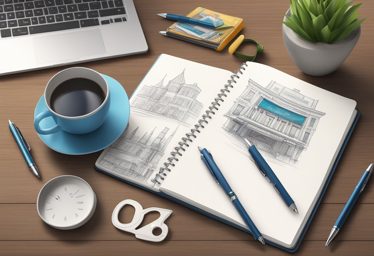 A corporate gift with personalized branding, such as a custom pen or notebook, being used in a professional setting