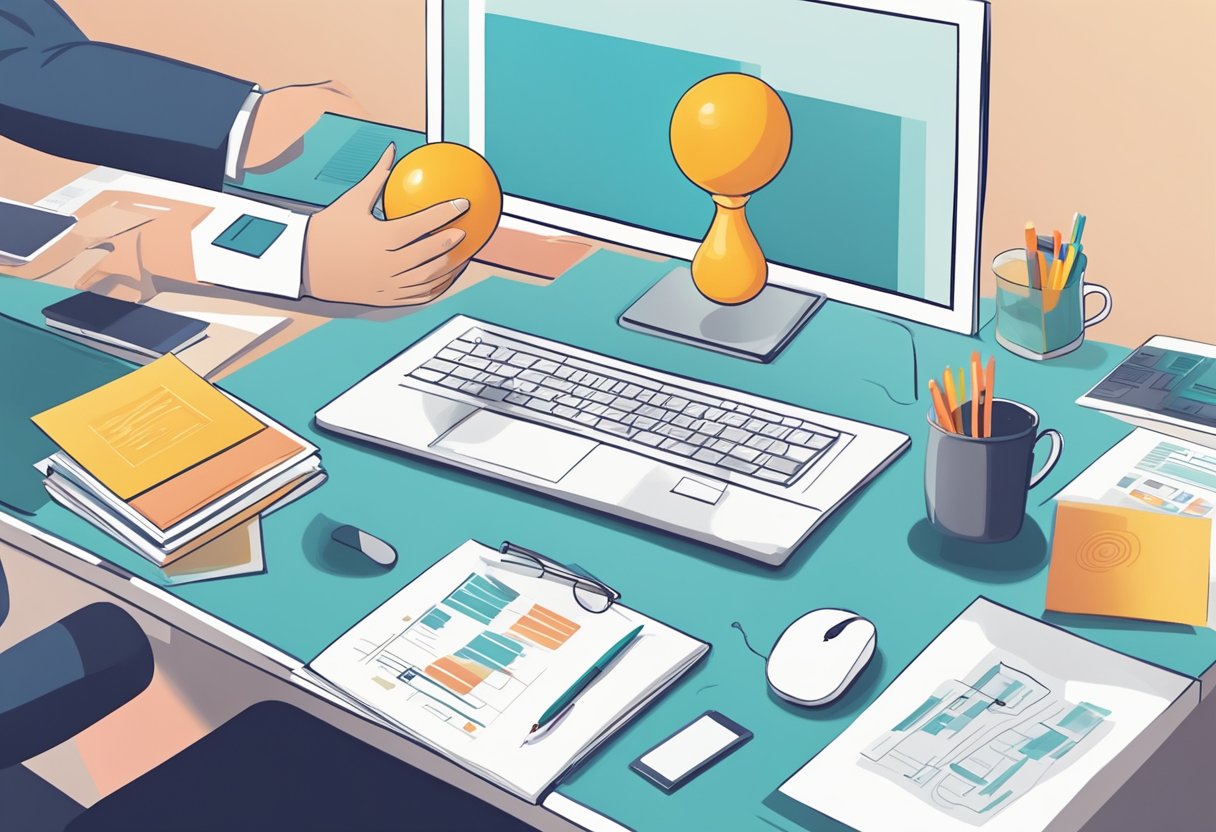 A hand reaches for a stress ball among various corporate gifts on a sleek, modern desk, with a streamlined process flowchart in the background