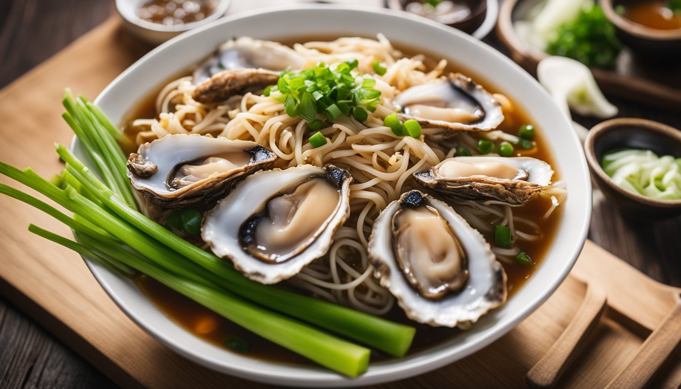 A steaming bowl of oyster mee sua sits on a rustic wooden table, garnished with fresh green onions and served with a side of spicy vinegar