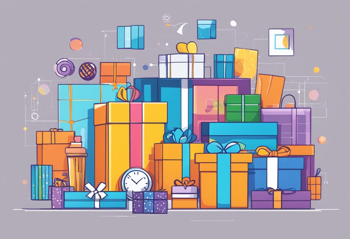 A graph showing rising corporate gift purchases, surrounded by various consumer products and trends