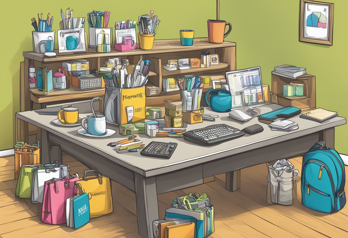 A table with a variety of novelty corporate gifts, such as mugs, pens, and keychains, displayed with a "Frequently Asked Questions" sign