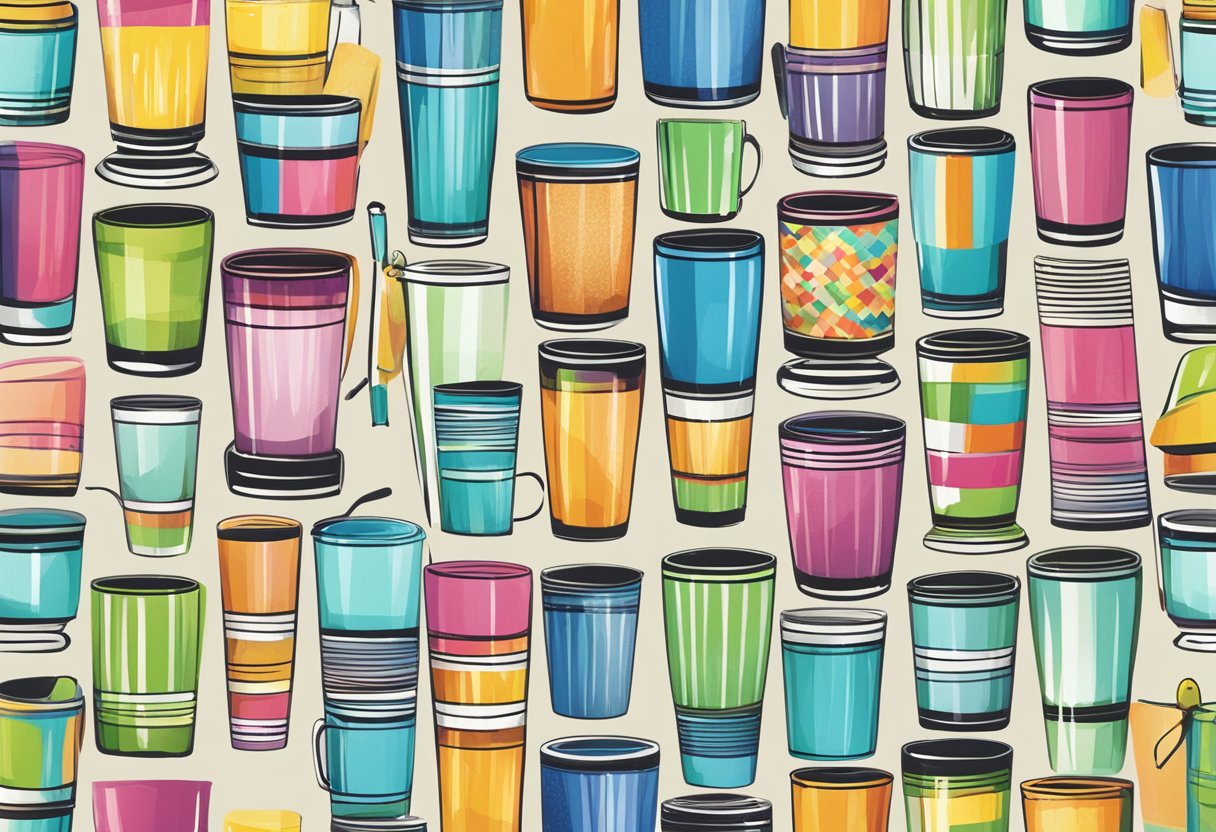 A collection of tumblers featuring colorful pictures with "Frequently Asked Questions" written on them