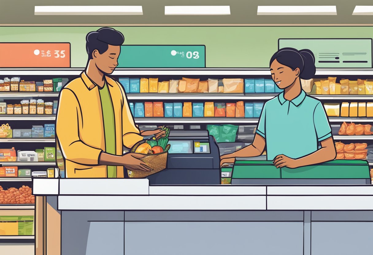 A person using a reusable shopping bag at a grocery store checkout counter. The bag is being folded up and tucked away for future use