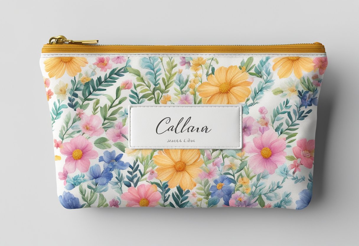 A colourful, personalised pouch sits on a clean, white surface, with the owner's name or initials embroidered in elegant script