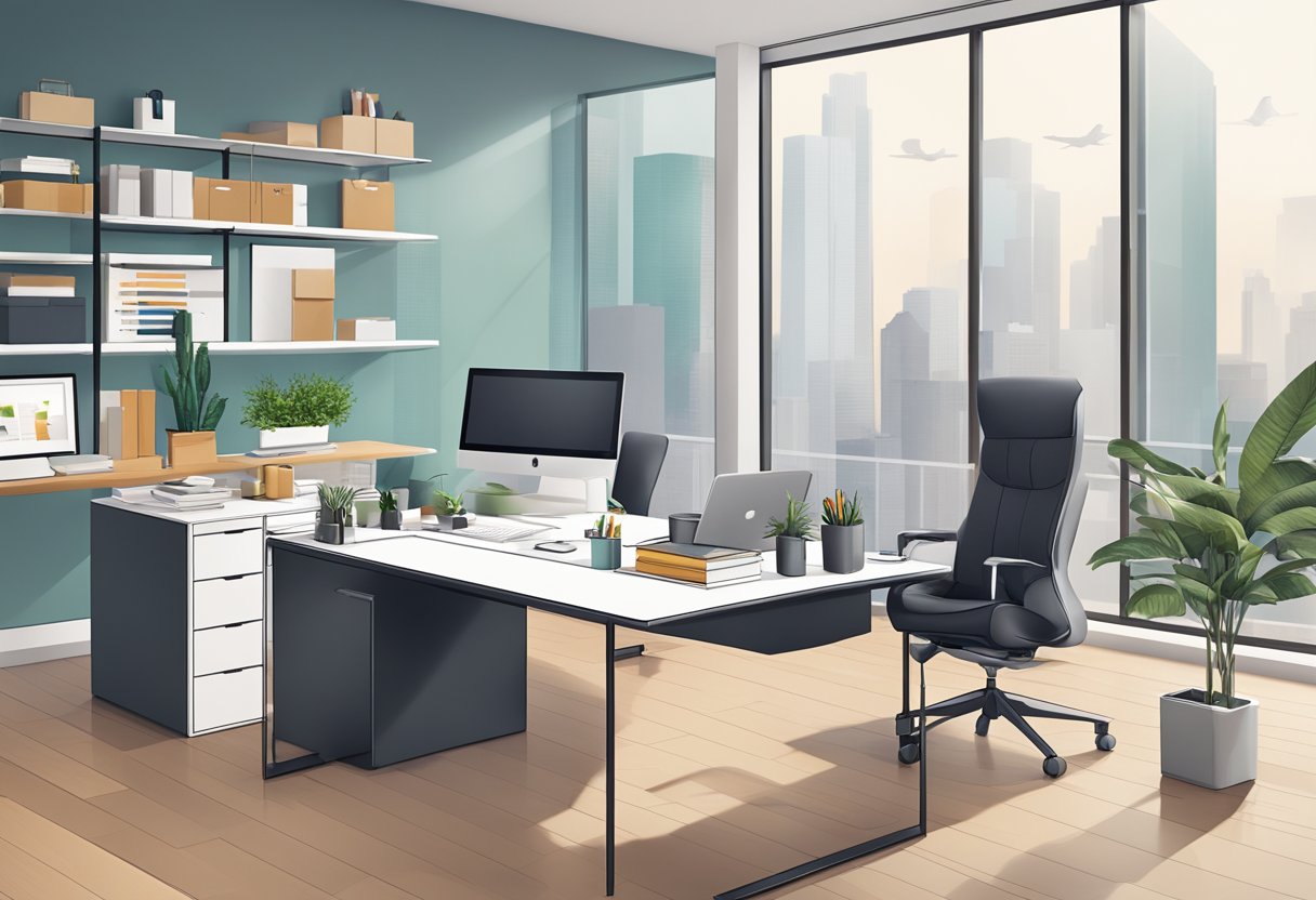 A sleek, modern office setting with a table adorned with unique, high-quality corporate gifts and a professional-looking gift-giver presenting them