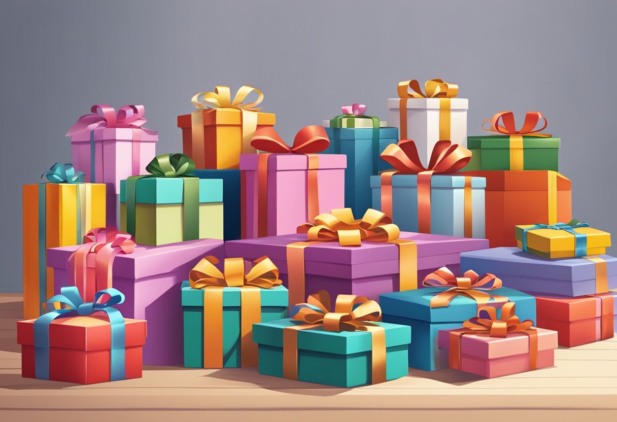 Colorful gift boxes and ribbons arranged on a table with custom names and messages