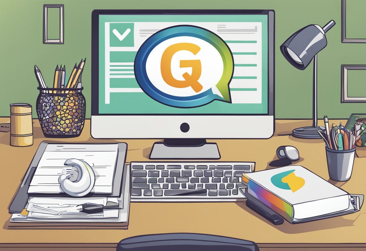 A stress ball with "Frequently Asked Questions" logo sits on a desk among office supplies and a computer