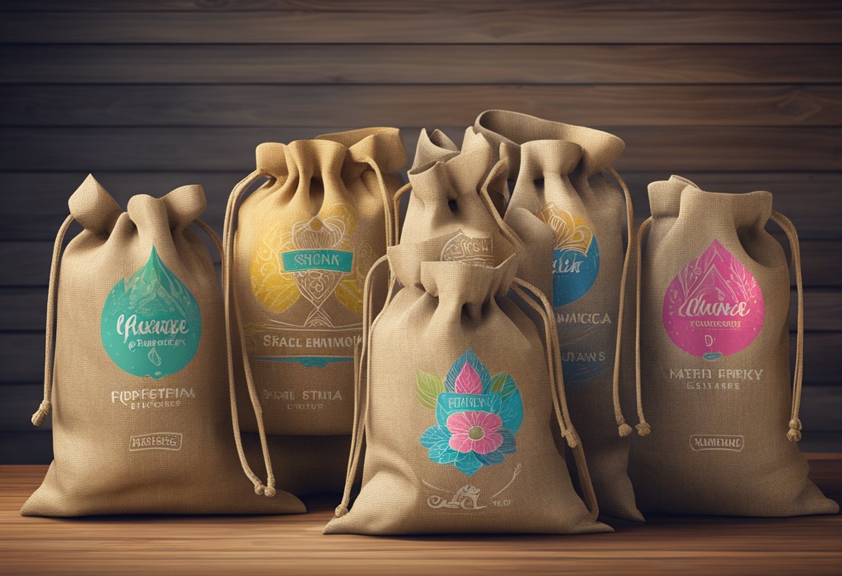 A stack of customised jute bags on a wooden table, with colorful logos and designs