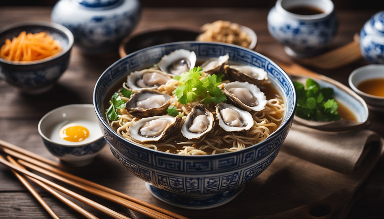 A steaming bowl of oyster mee sua sits on a rustic wooden table, surrounded by traditional Chinese utensils and decorative elements