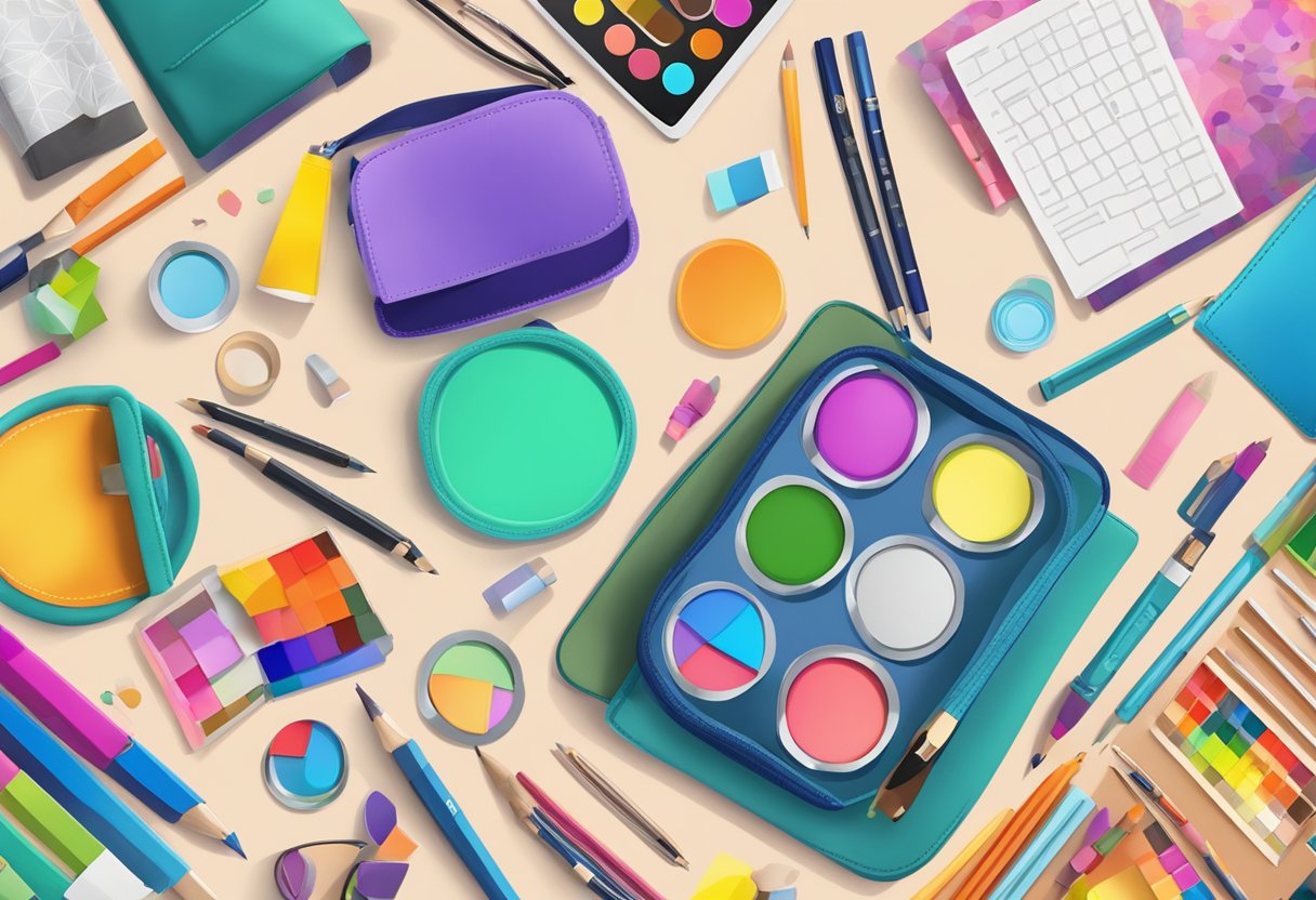 A table with art supplies scattered around. A personalised pouch with vibrant colors and unique patterns sits in the center