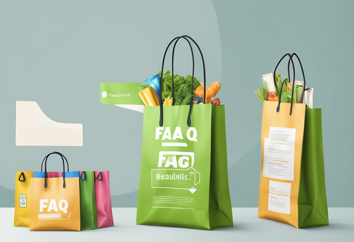 A reusable shopping bag unfolds with FAQ text visible