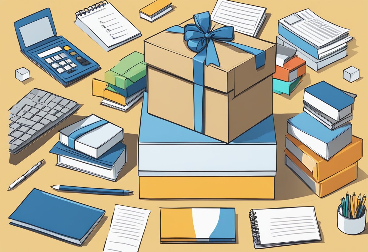 A stack of corporate gift boxes with "Frequently Asked Questions" printed on them, surrounded by office supplies and a sign indicating their usefulness