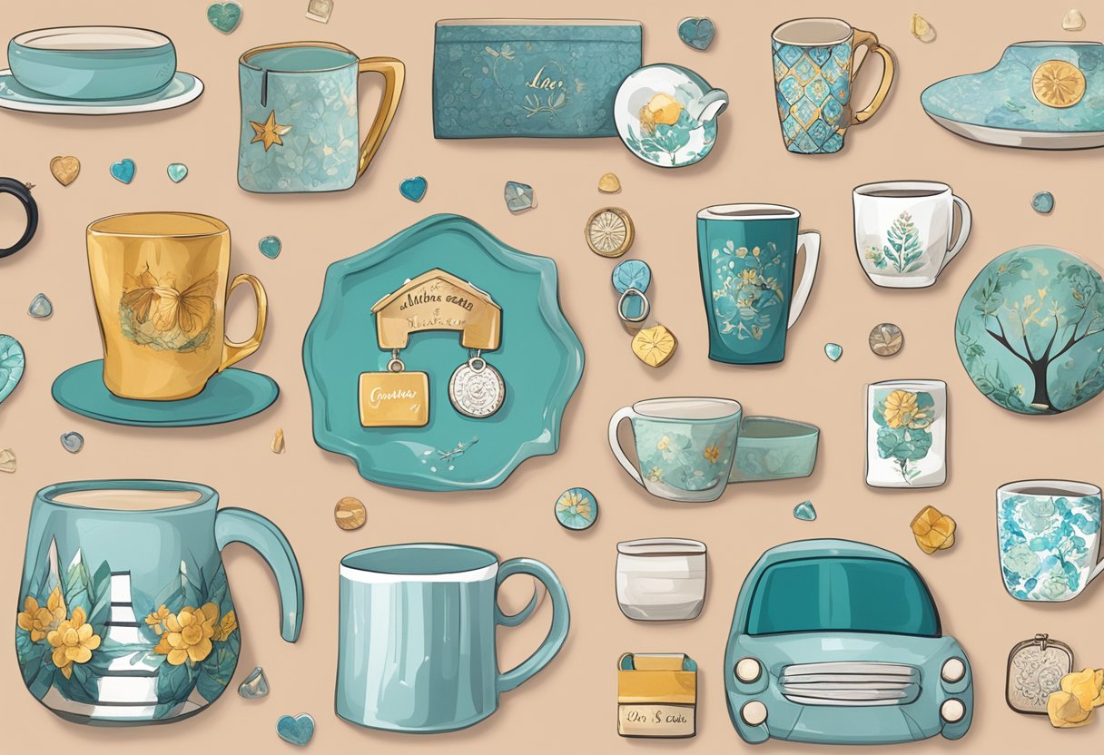 Various personalized gifts such as mugs, photo frames, and keychains displayed on a table with custom names and designs