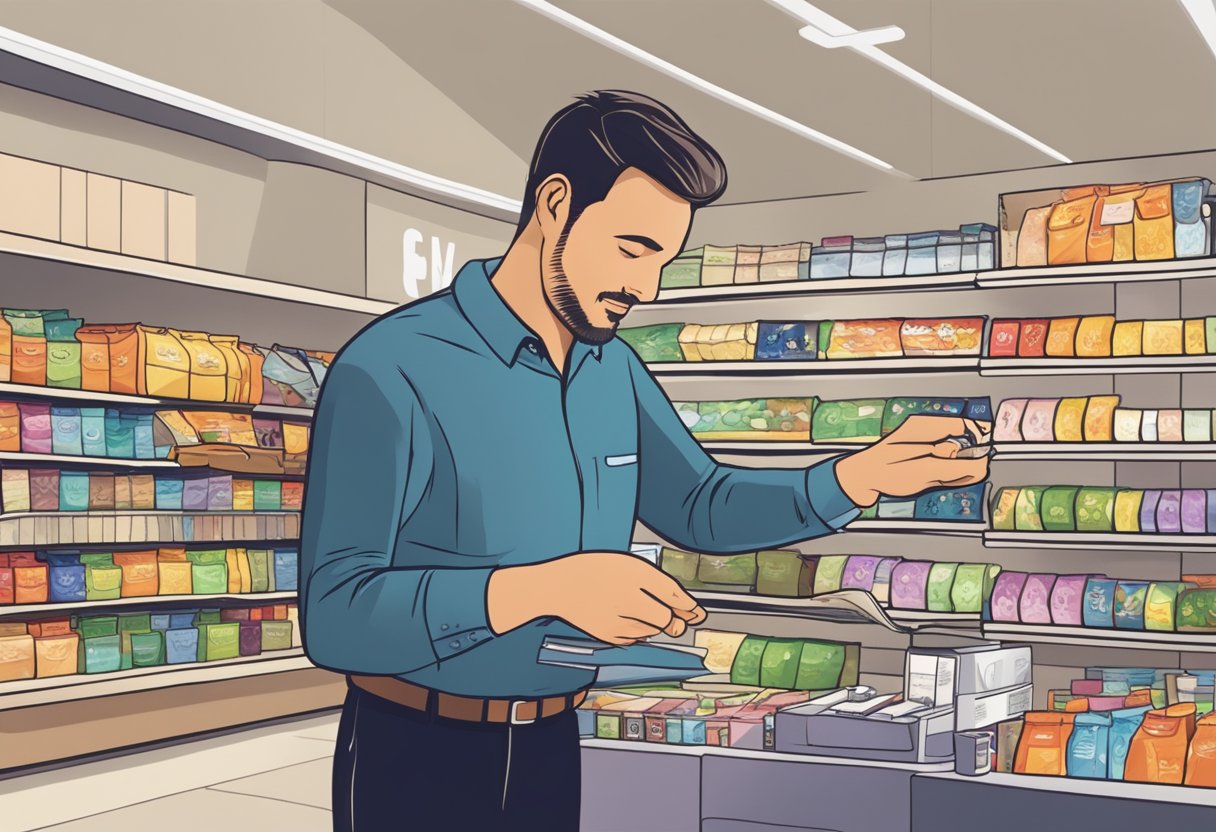 A customer selects a personalized pouch from a display of various options at a retail store