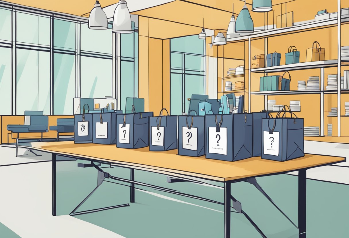 A table displaying unique corporate gifts with a sign reading "Frequently Asked Questions gifts less ordinary" in a modern, minimalist setting
