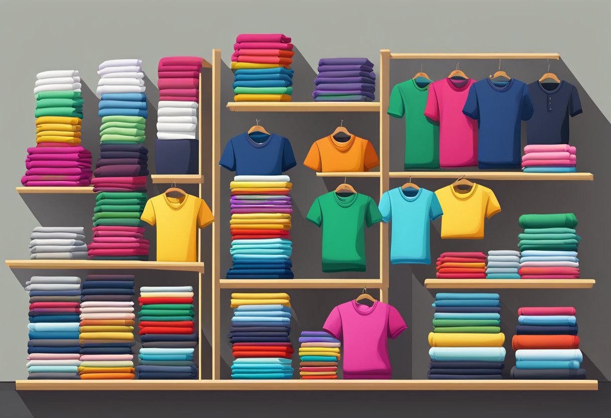 A stack of colorful t-shirts neatly folded on shelves, with a variety of sizes and designs. A large table with rolls of fabric and a sewing machine in the background